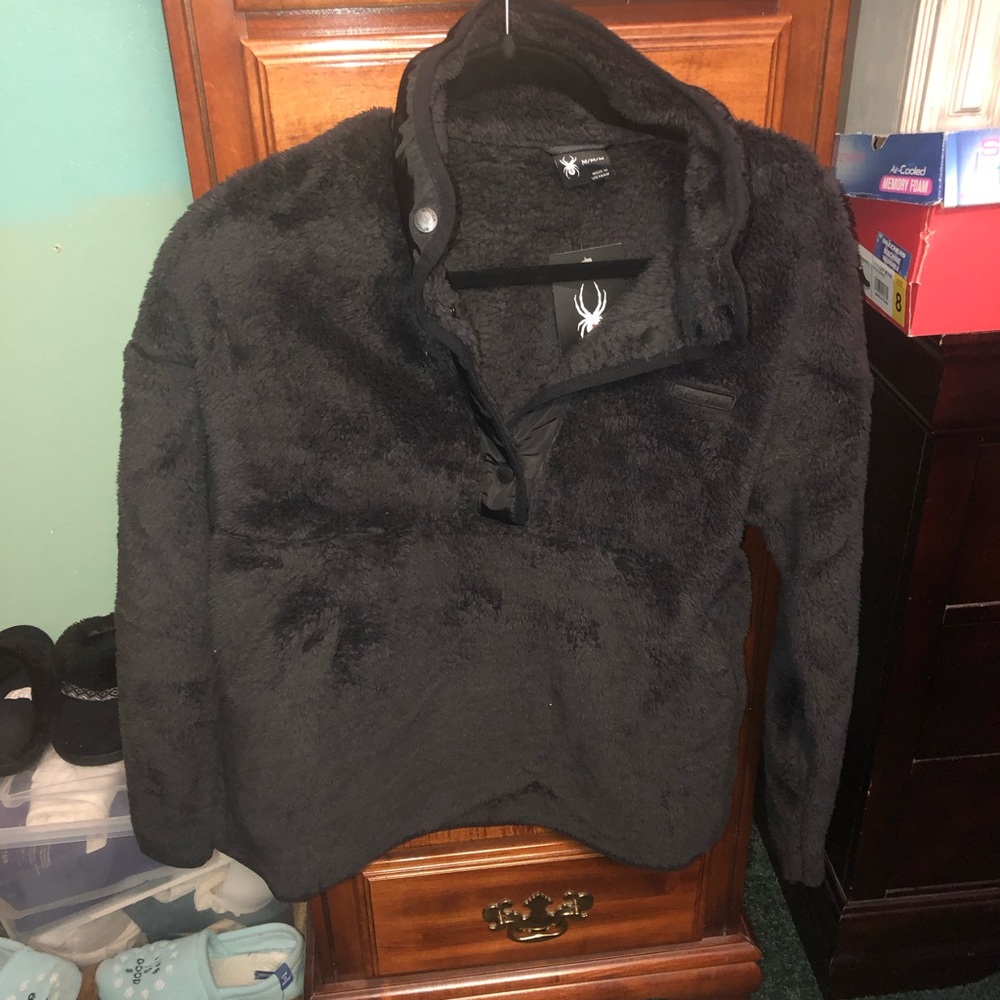 NWT Spyder Black Snap Button Pullover Jacket Quarter Snap Neckline Stand Collar - Picture 1 of 8
